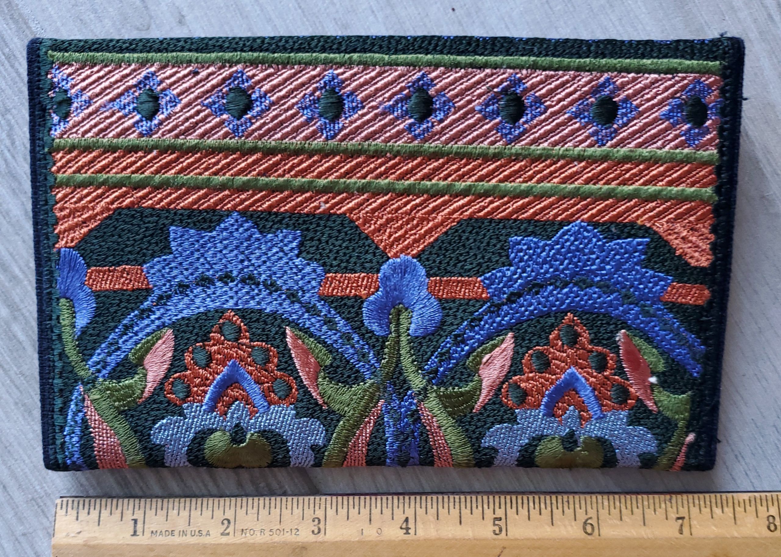 large-tapestry-embroidered-wallet-periwinkle-rust-back-Jen's-Bag-embroidered-bag